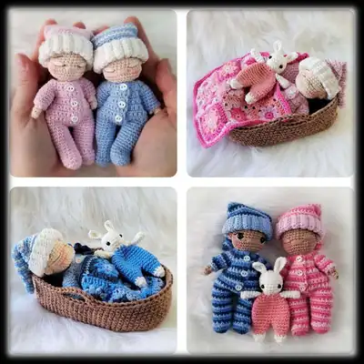 Two pastel bunny dolls with sleepers ready for bedtime amigurumi scene