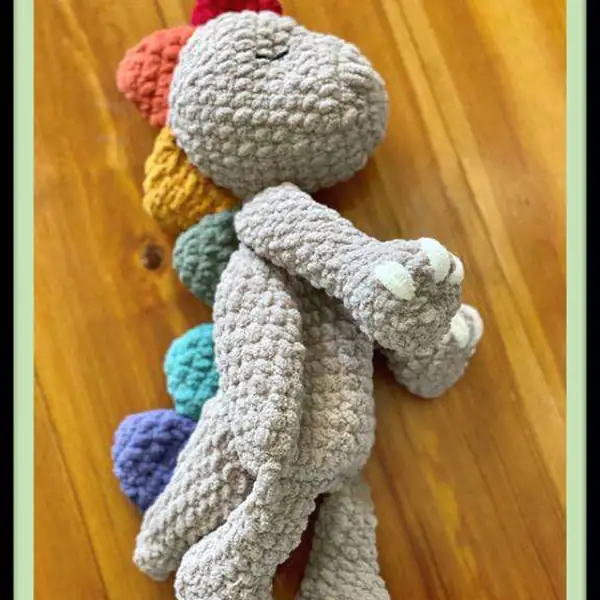 Front view of the finished Sleepy Snuggle-saurus rag doll