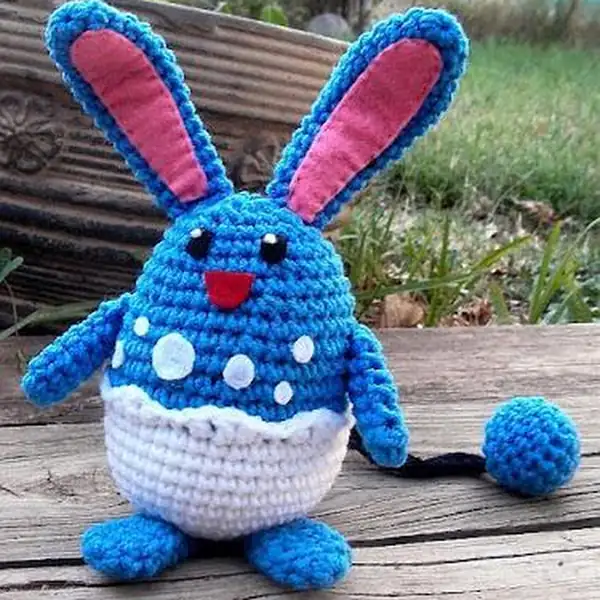 Finished Azumarill amigurumi with tail and ball tail accents