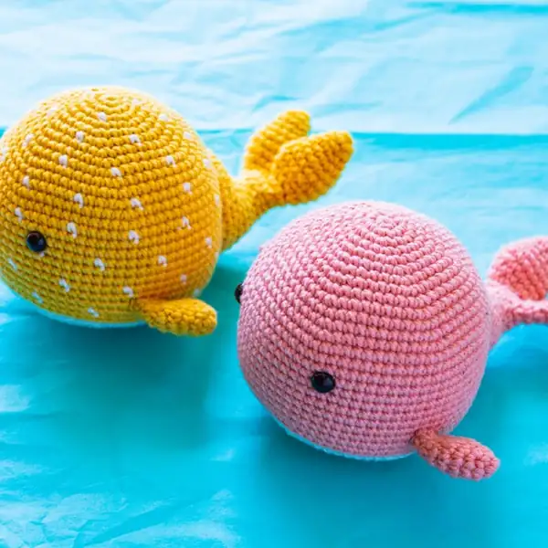 Yellow Wanda whale amigurumi close-up with dots