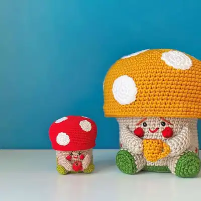 Tofi mushroom amigurumi yellow cap with white spots and beige body
