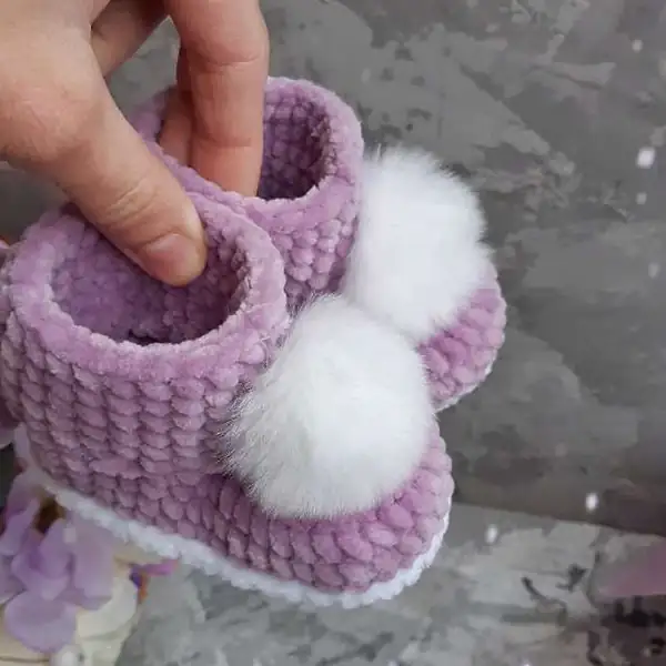 Close-up of muzzle and sole on lavender bootie