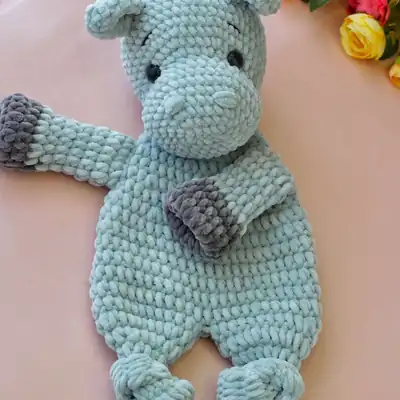 Blue gray hippo lovey with head and lovey panel shown front view amigurumi