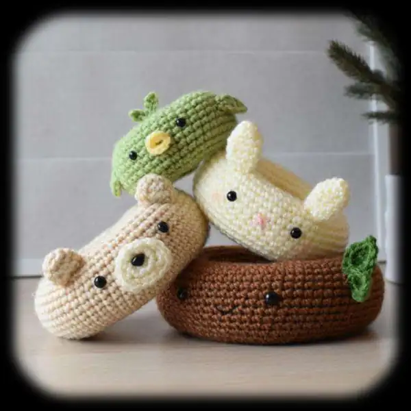 Tree amigurumi with leaf accents in natural colors