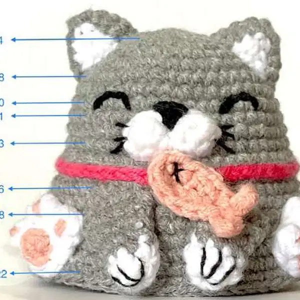 Assembly view showing base and body rounds of the calico cat amigurumi
