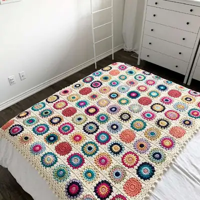 Close-up view of a vibrant sunburst crochet square in Island Time Blanket amigurumi-style colorway